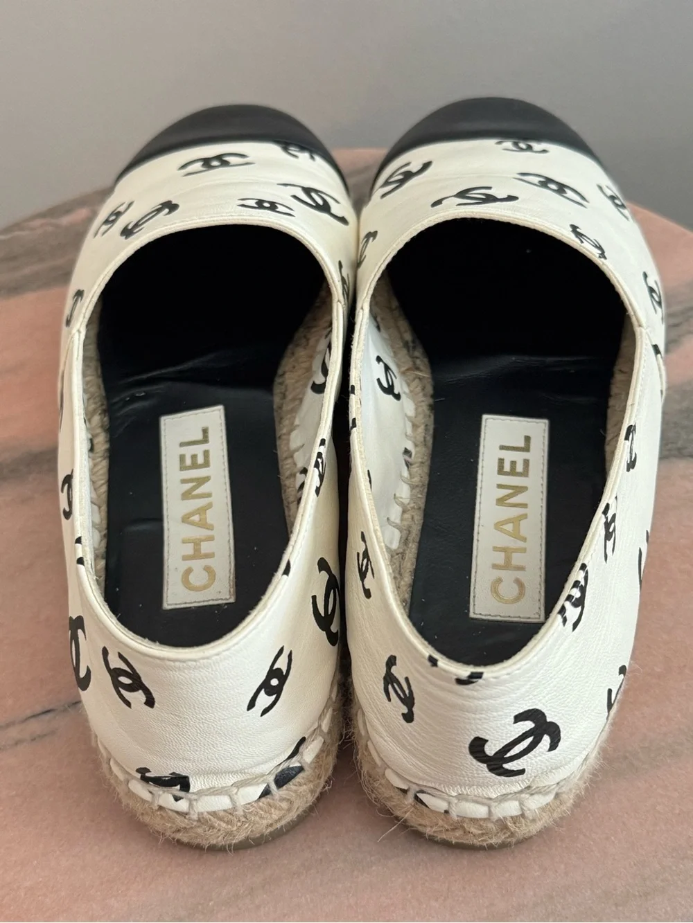 CHANEL Cream Espadrilles with Black Toe Caps and Logo Print